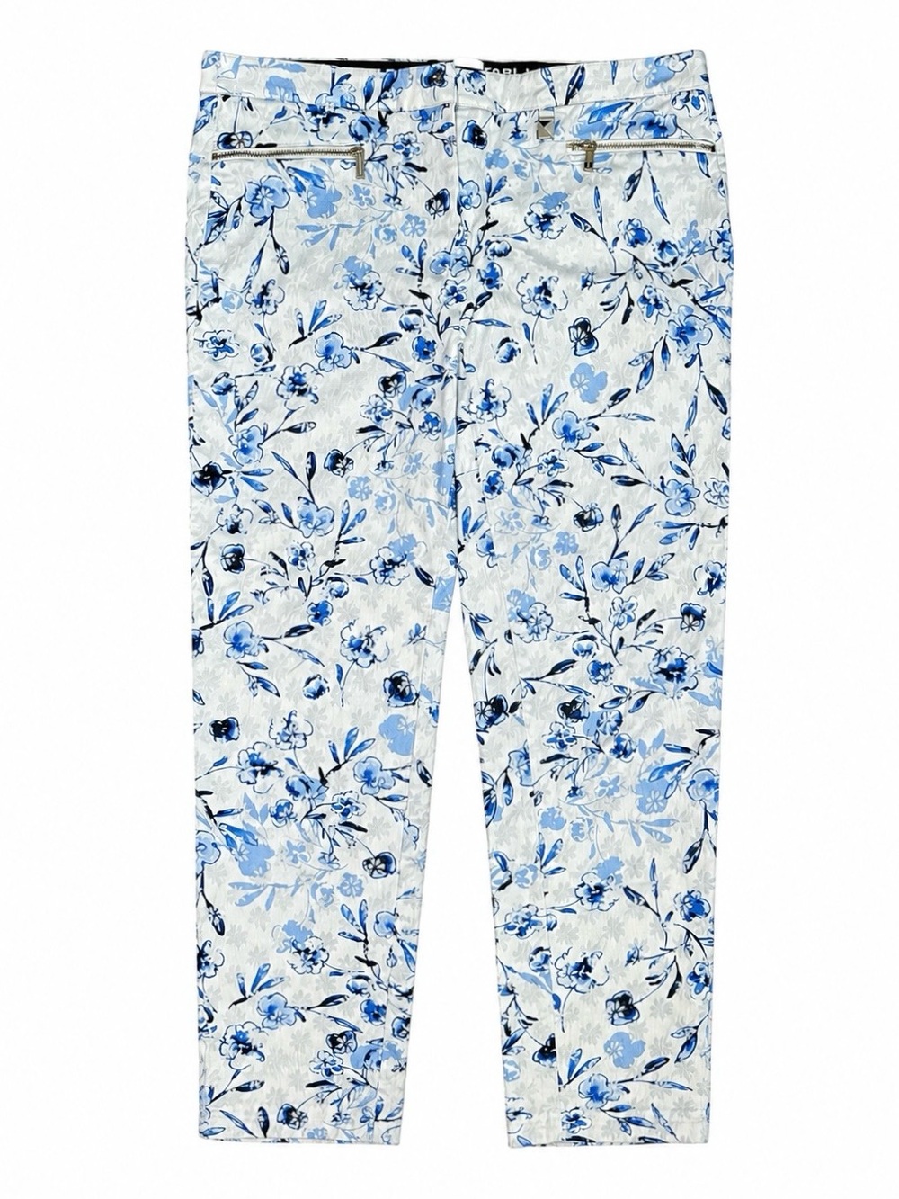 Karl Lagerfeld White Blue Floral Jacquard Print Designer Pants Trousers Size 6